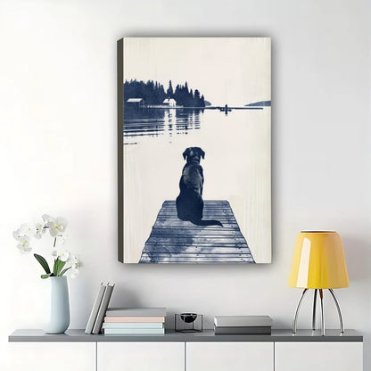 Dog on Dock Lake Landscape Wall Art – Vintage Black & White Dog Canvas Print