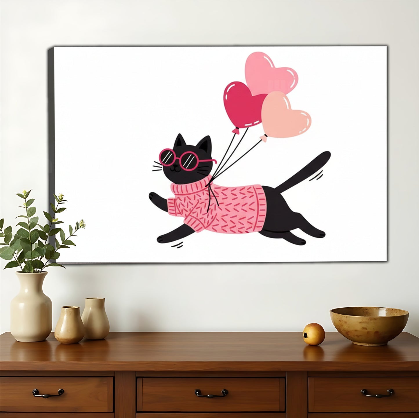 The Balloon-Carrying Pink Cat – Cute Whimsical Cat Wall Art on Natural Wood Canvas