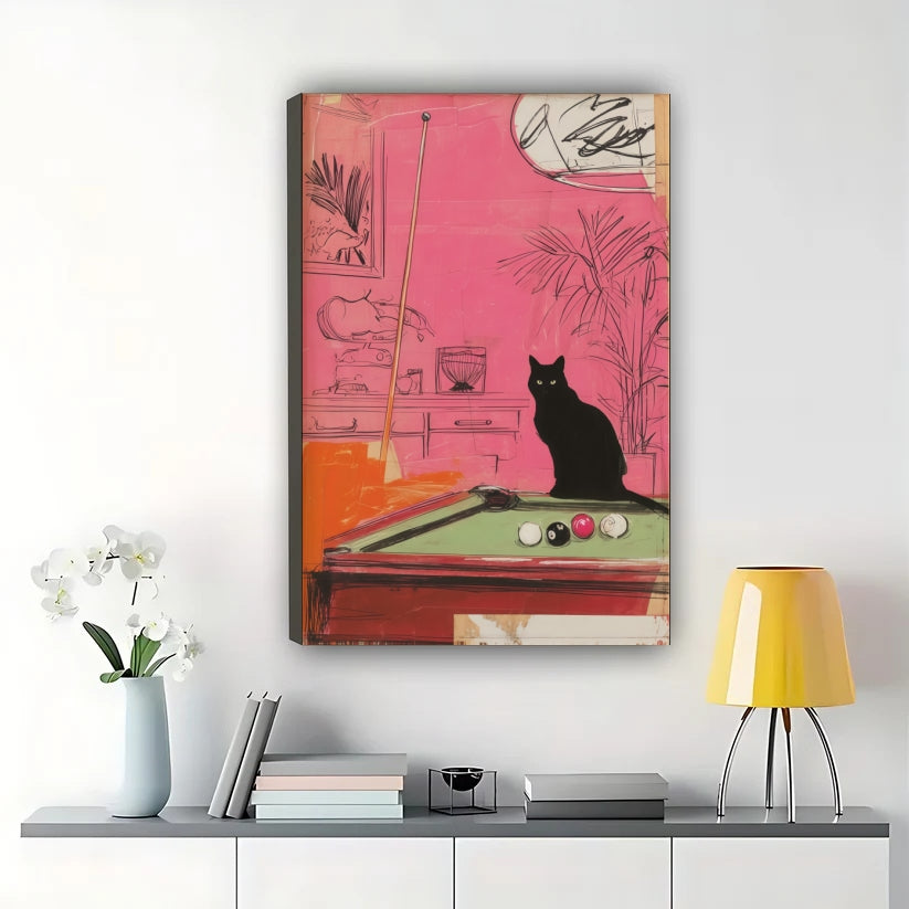 Black Cat at Pool Table – Retro Pop Art Wall Art on Natural Wood Canvas