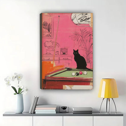 Black Cat at Pool Table – Retro Pop Art Wall Art on Natural Wood Canvas