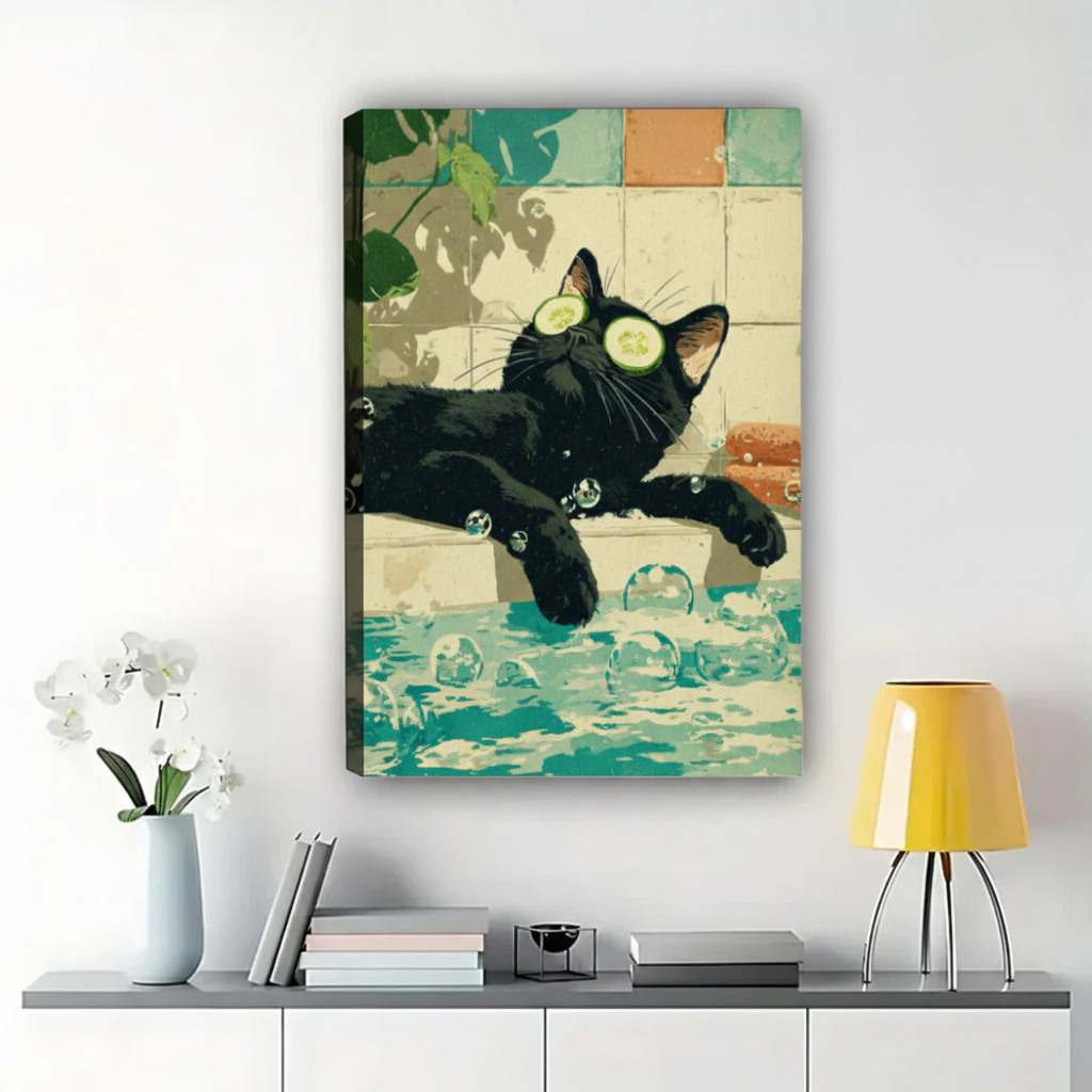 Black Cat Spa Bath Wall Art – Whimsical Cat Canvas Print on Natural Wood Frame