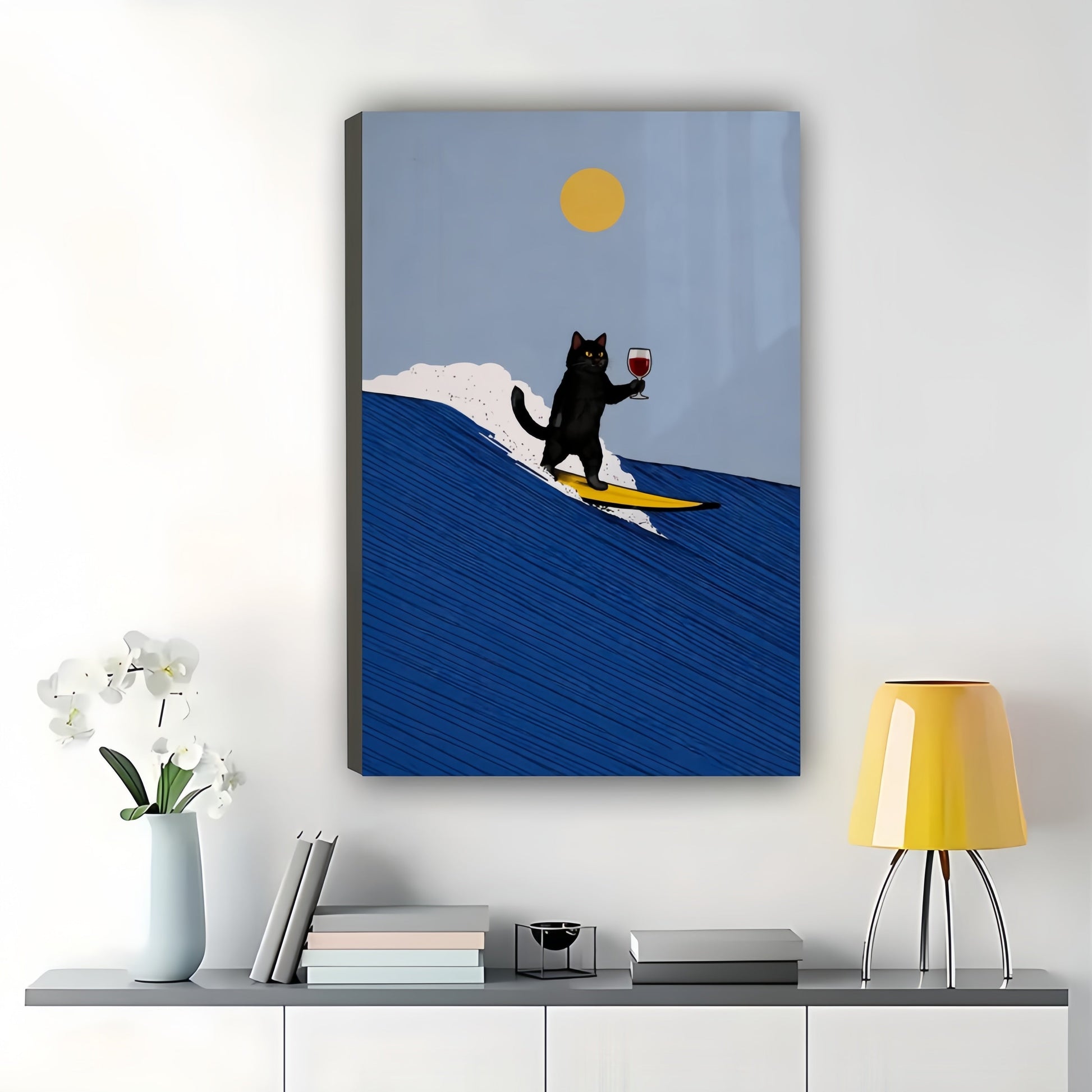 Surfing Black Cat on Ocean Wave – Playful Beach-Themed Wall Art on Natural Wood Canvas