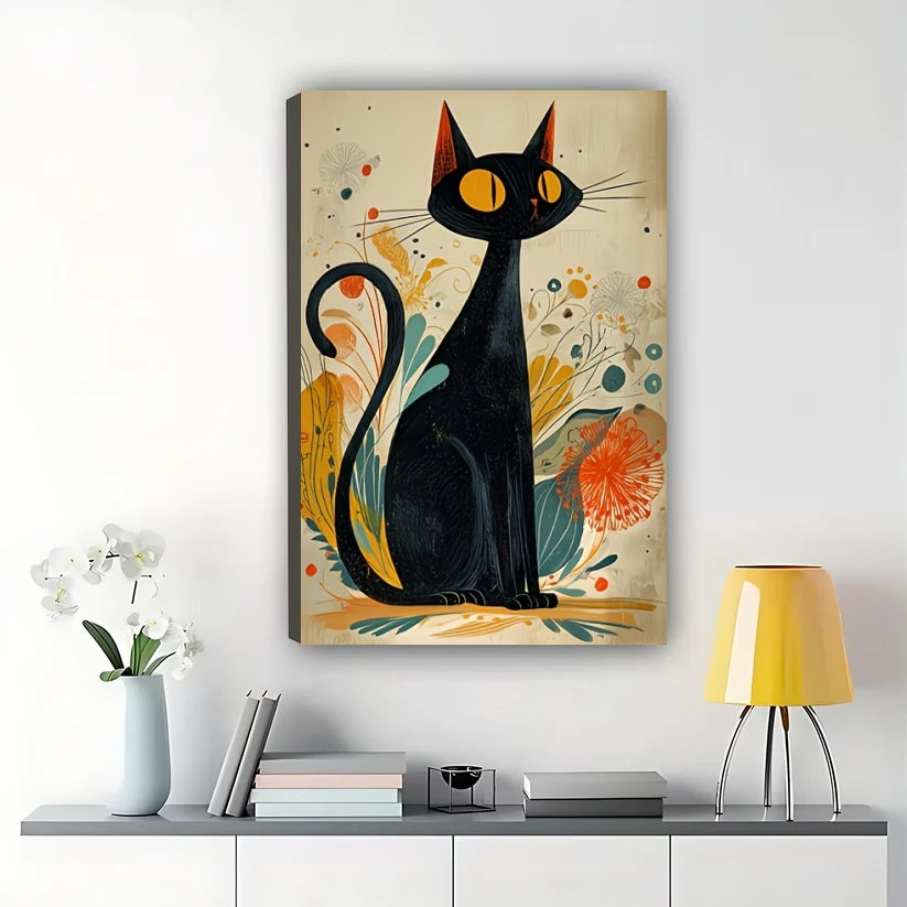 Mid-Century Modern Black Cat – Abstract Floral Cat Wall Art on Natural Wood Canvas