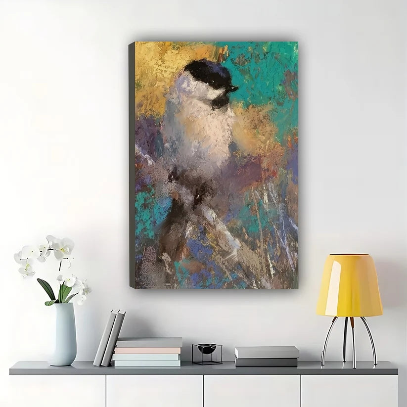 Chickadee Bird Impressionist Wall Art – Textured Teal and Gold Canvas Print on Natural Wood Frame