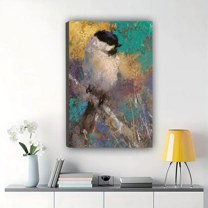 Chickadee Bird Impressionist Wall Art – Textured Teal and Gold Canvas Print on Natural Wood Frame