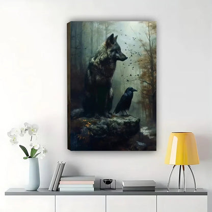 Wolf and Raven Wall Art - Mystical Forest Wildlife Print