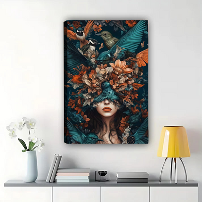 Surreal Woman with Birds and Flowers Wall Art Canvas