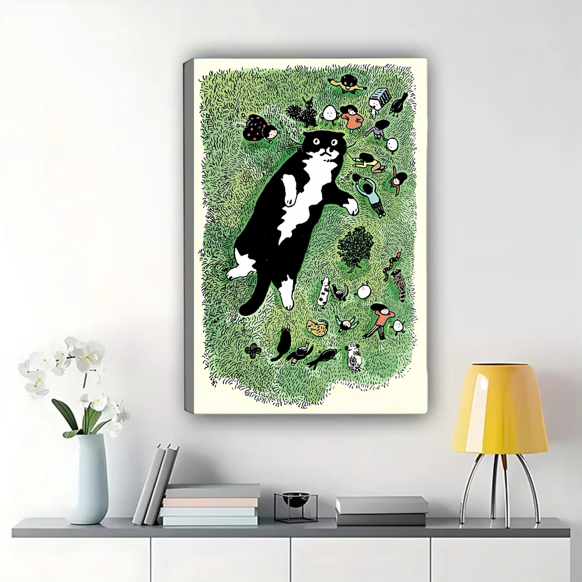 Cat in Grass Wall Art - Whimsical Nature Illustration Print