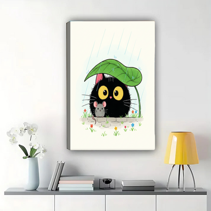 Black Cat in Rain Wall Art - Cute Cat and Mouse Friendship Print