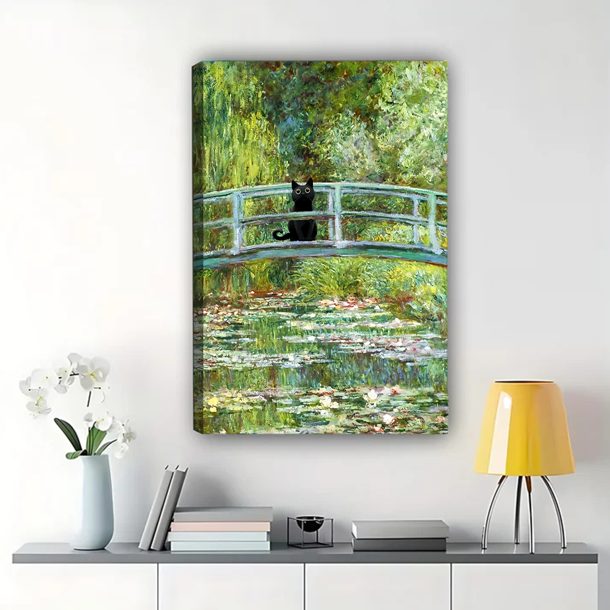 Black Cat on Monet Bridge Wall Art - Impressionist Garden Print