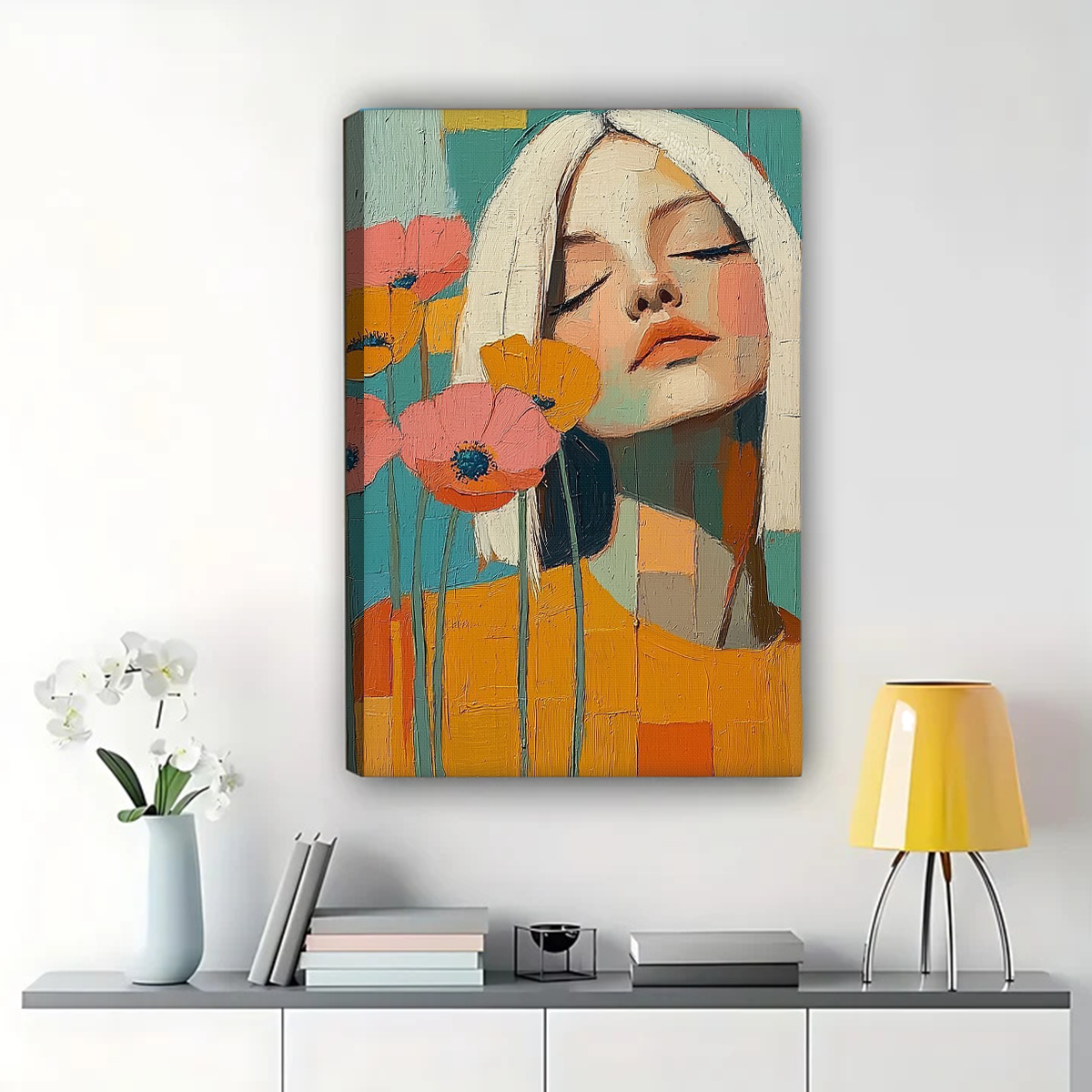 Woman with Flowers Abstract Art - Colorful Modern Portrait Print Canvas Wall Art