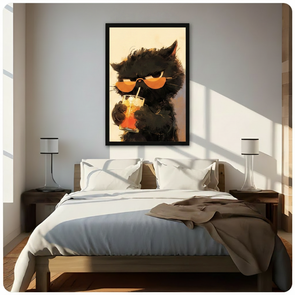 Cool Black Cat Iced Drink Impasto Canvas Wall Art