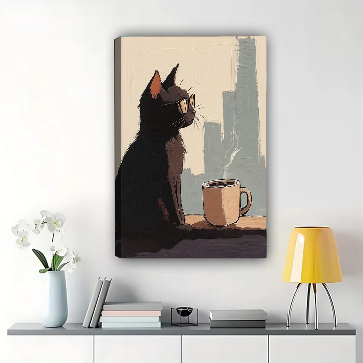 Cool Cat Coffee Canvas Print - Urban Morning Vibes Wall Art