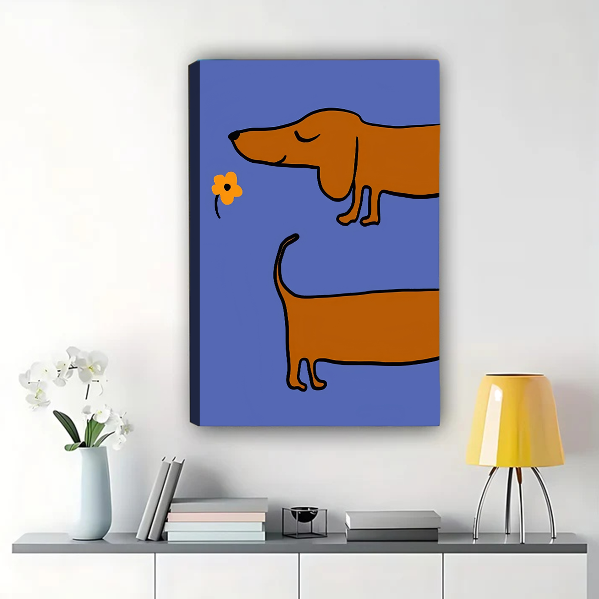 Dachshund Smelling Flower Wall Art - Minimalist Blue Dog Canvas Print
