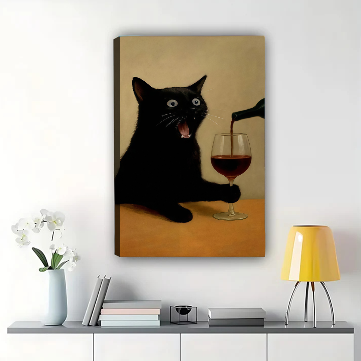 Funny Black Cat with Wine Glass Art Print - Humorous Wall Decor Canvas Wall Art