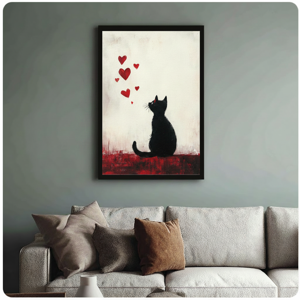 Black Cat Red Hearts Romantic Canvas Wall Art