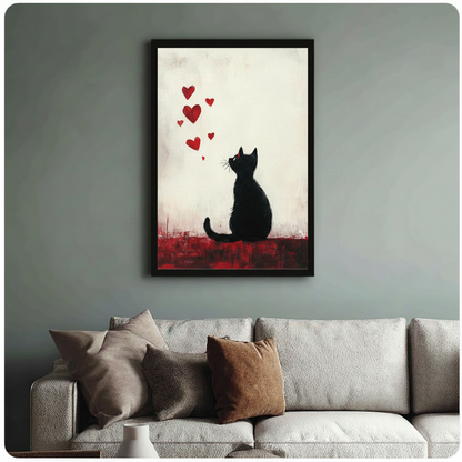 Black Cat Red Hearts Romantic Canvas Wall Art