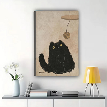 Black Cat & Yarn Ball Wall Art – Cute Chubby Cat Canvas