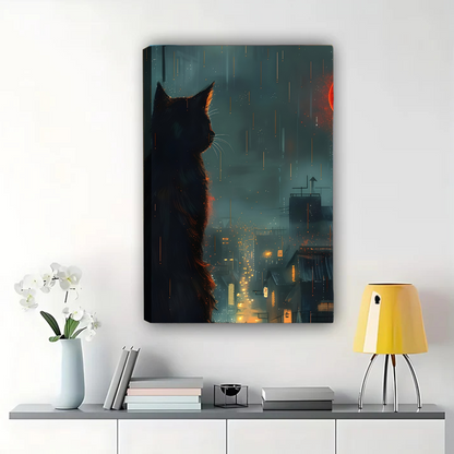 Cat Silhouette in Rainy City Night Art - Moody Urban Wall Decor Canvas Wall Art