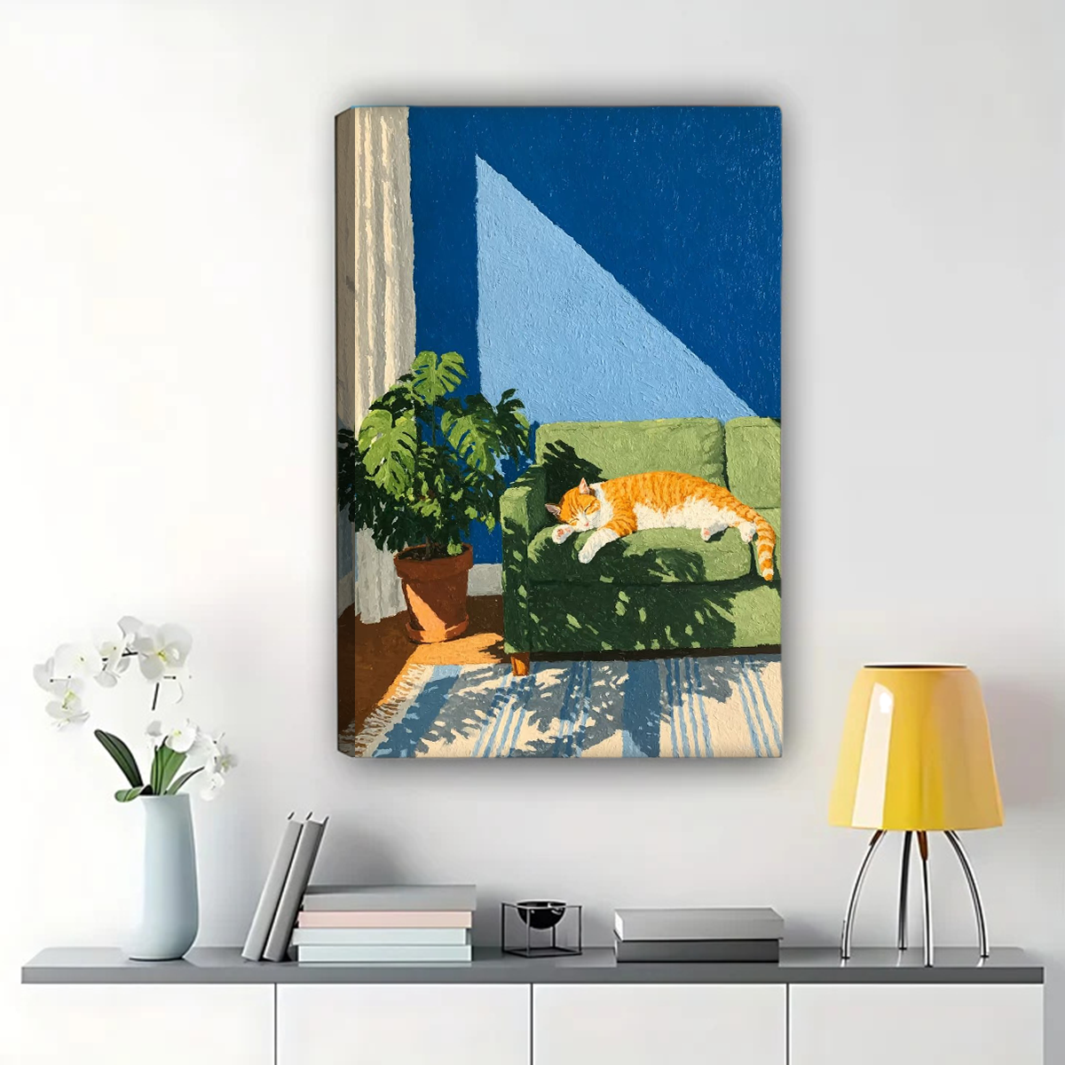 Cat Napping on Couch Wall Art - Modern Boho Pet Portrait Print