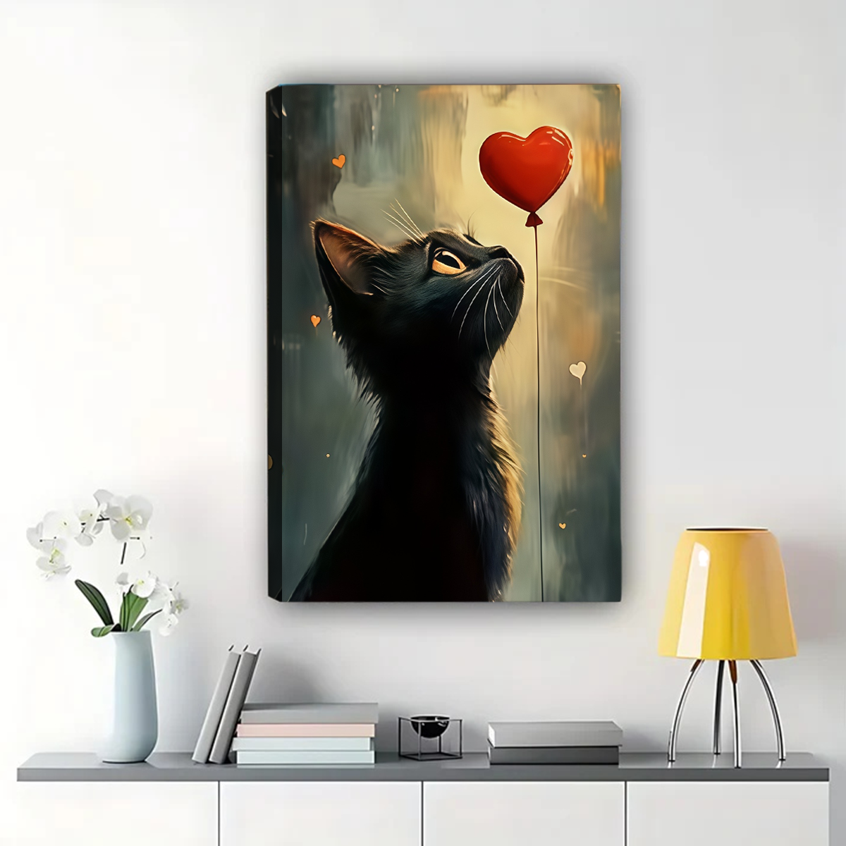 Black Cat with Red Heart Balloon Canvas Wall Art