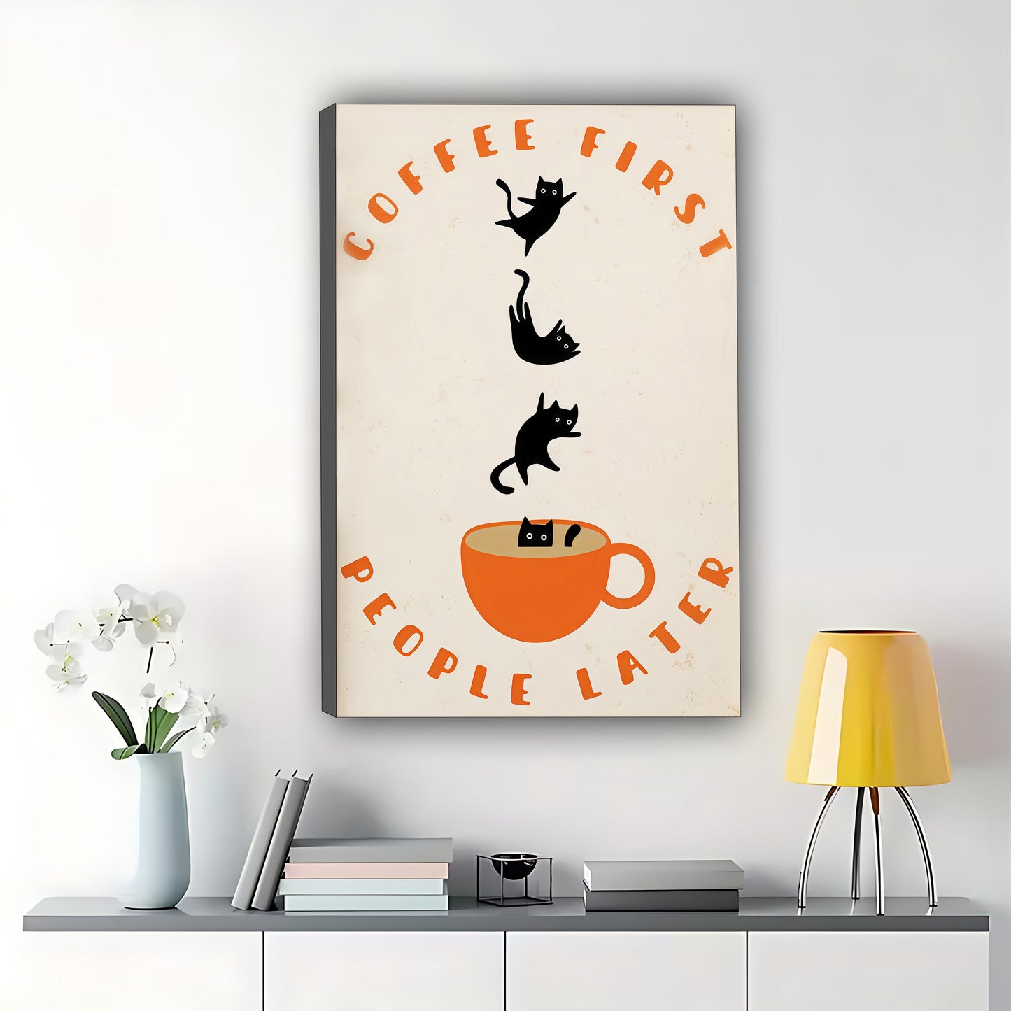 The Coffee-First Cat Crew – Playful Retro Wall Art on Natural Wood Canvas