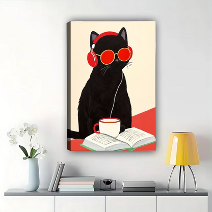 Cool Cat Reading with Coffee Art Print - Framed Wall Decor Canvas Wall Art