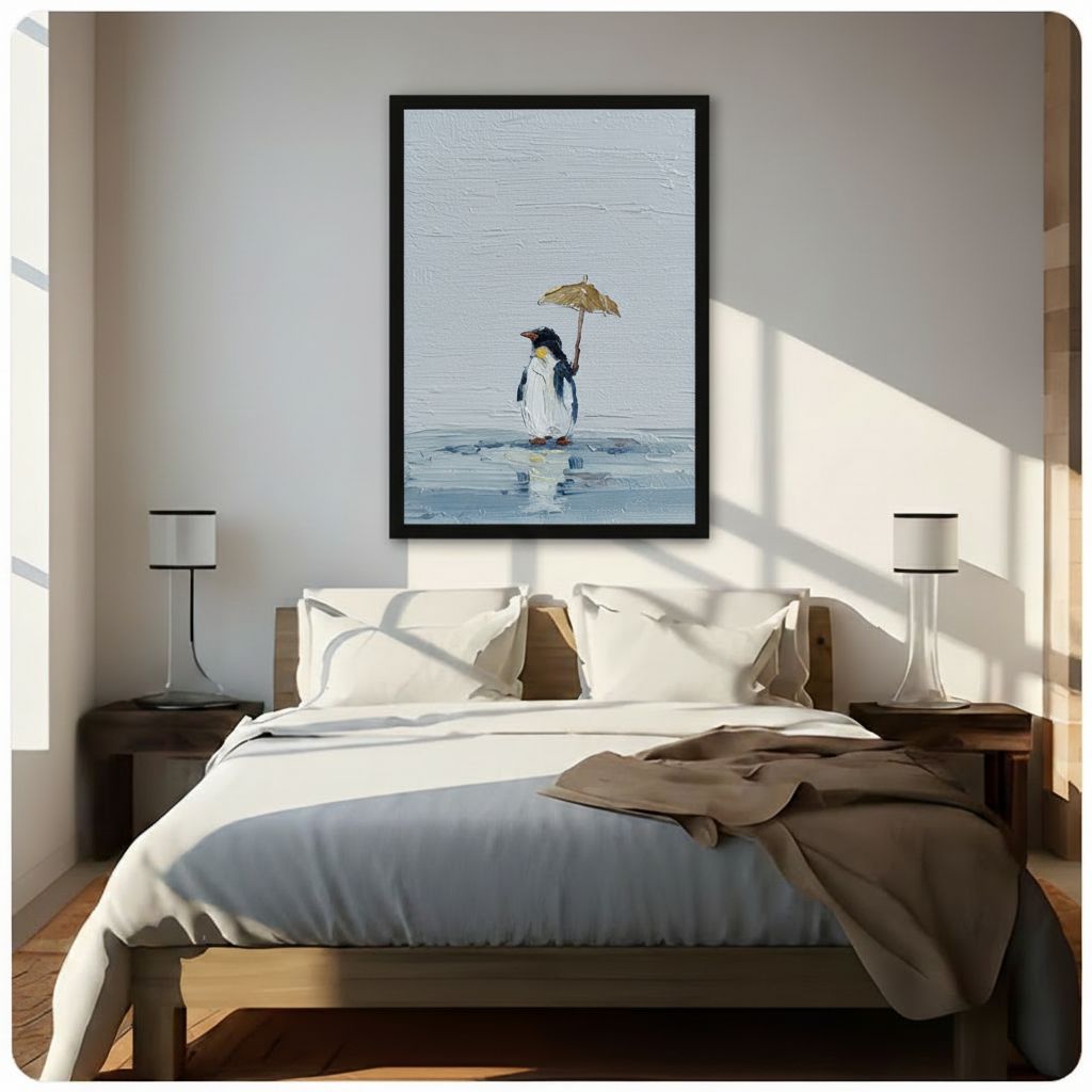 Lonely Penguin Umbrella Oil Painting Canvas Wall Art