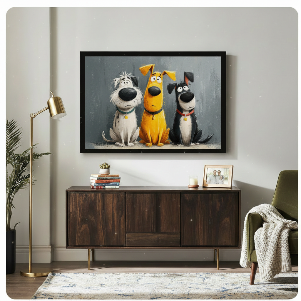 Three Funny Cartoon Dogs Portrait Canvas Wall Art