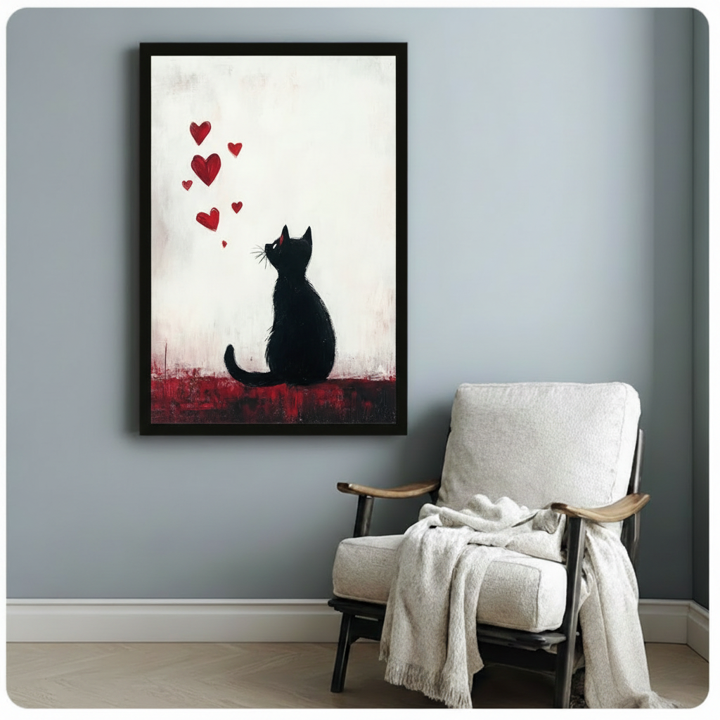 Black Cat Red Hearts Romantic Canvas Wall Art