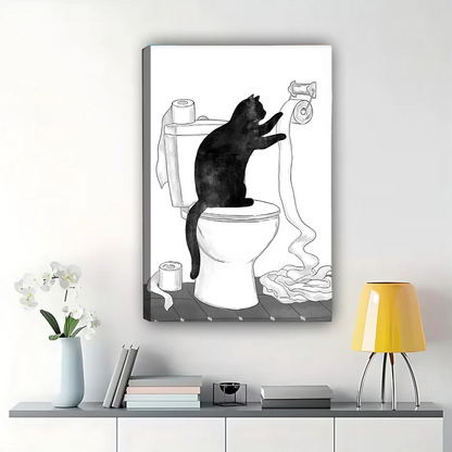 Cat Unrolling Toilet Paper Wall Art - Funny Bathroom Print