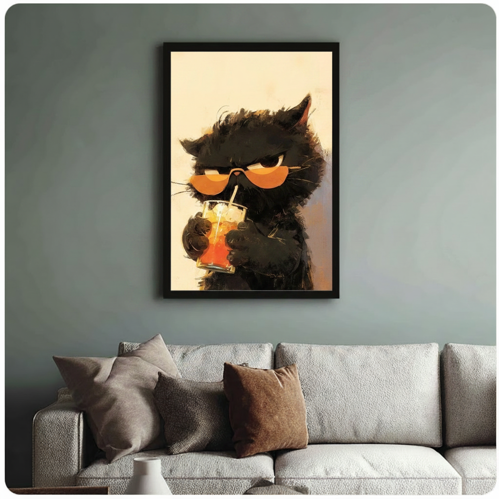 Cool Black Cat Iced Drink Impasto Canvas Wall Art
