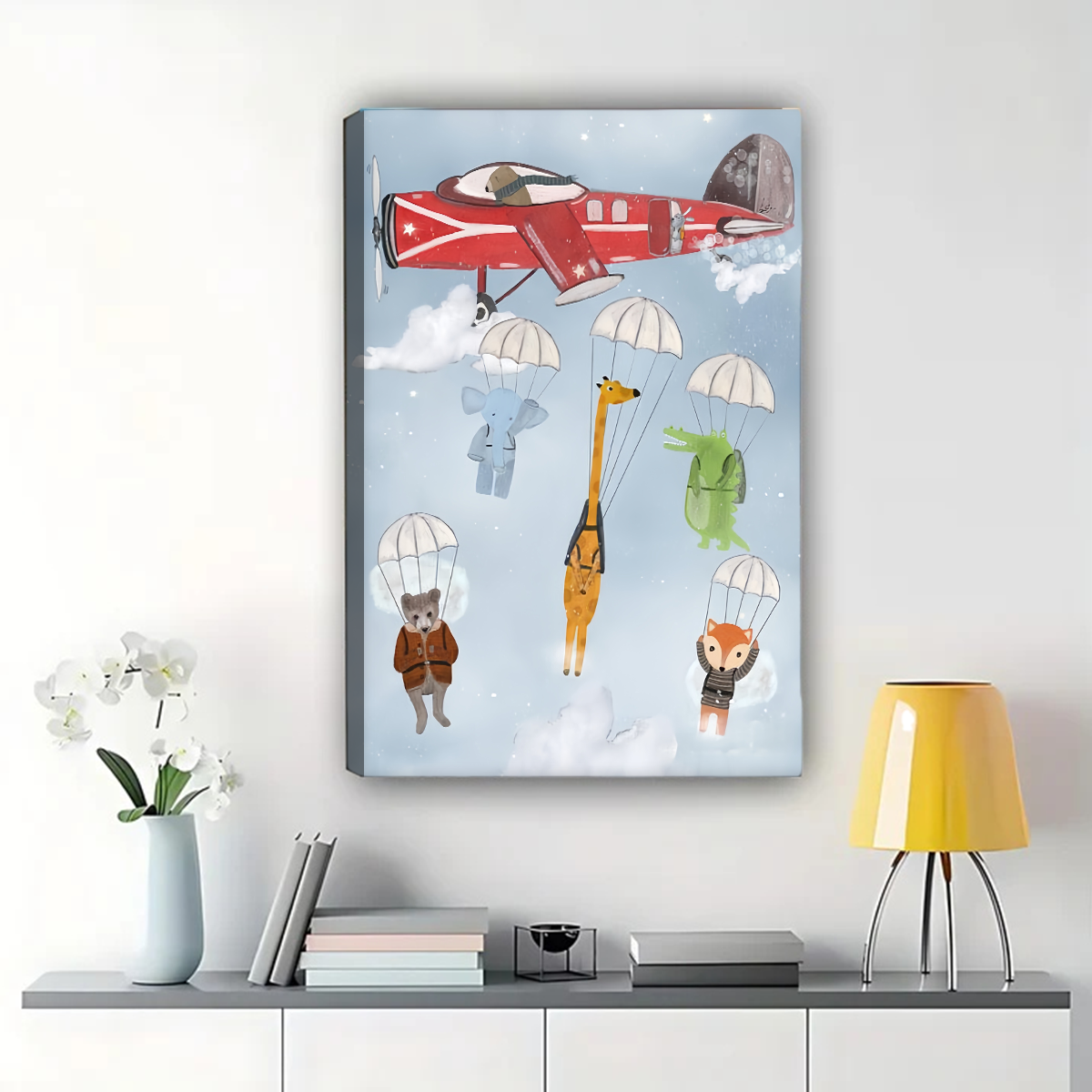 Parachuting Animals Canvas Print - Vintage Airplane Nursery Art
