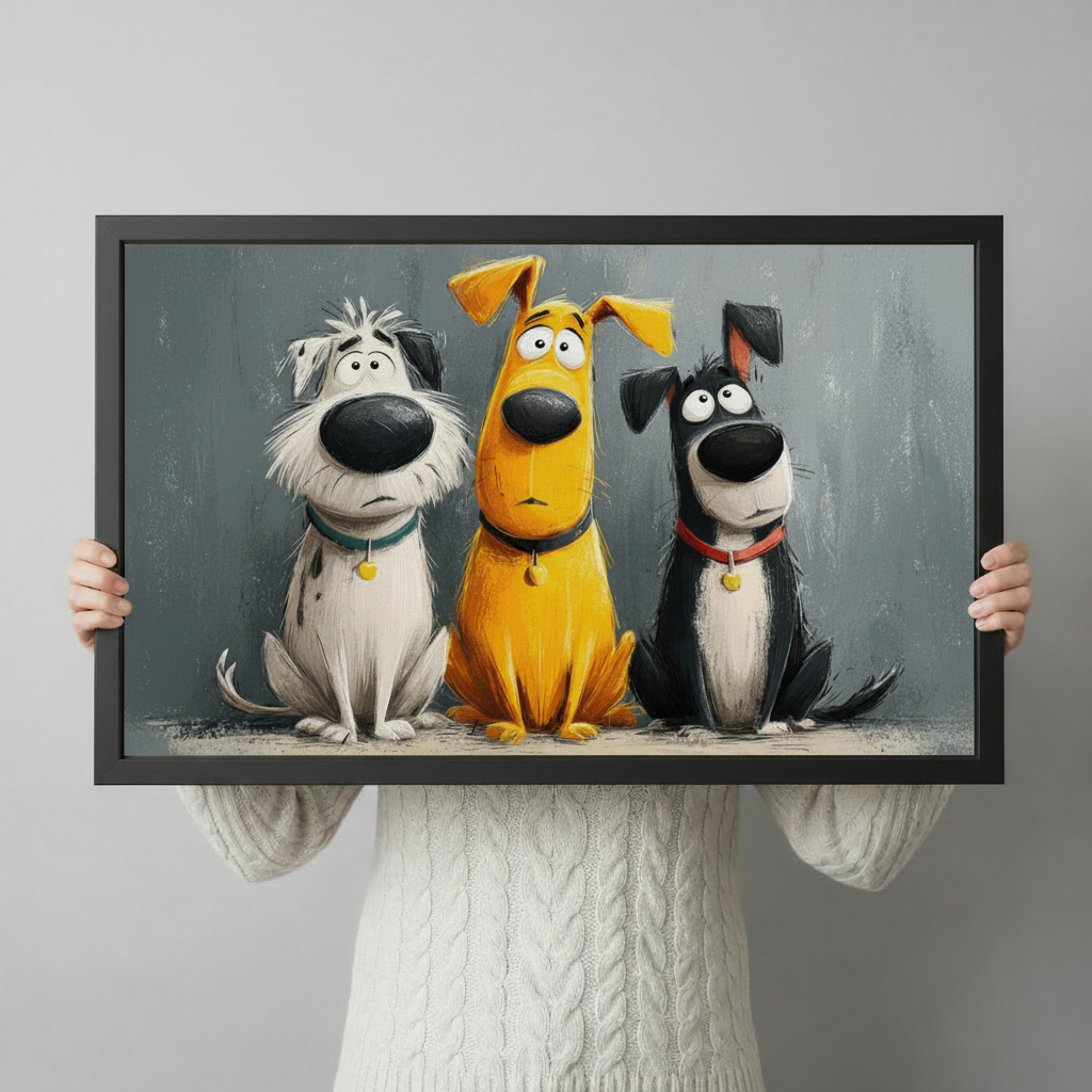 Three Funny Cartoon Dogs Portrait Canvas Wall Art