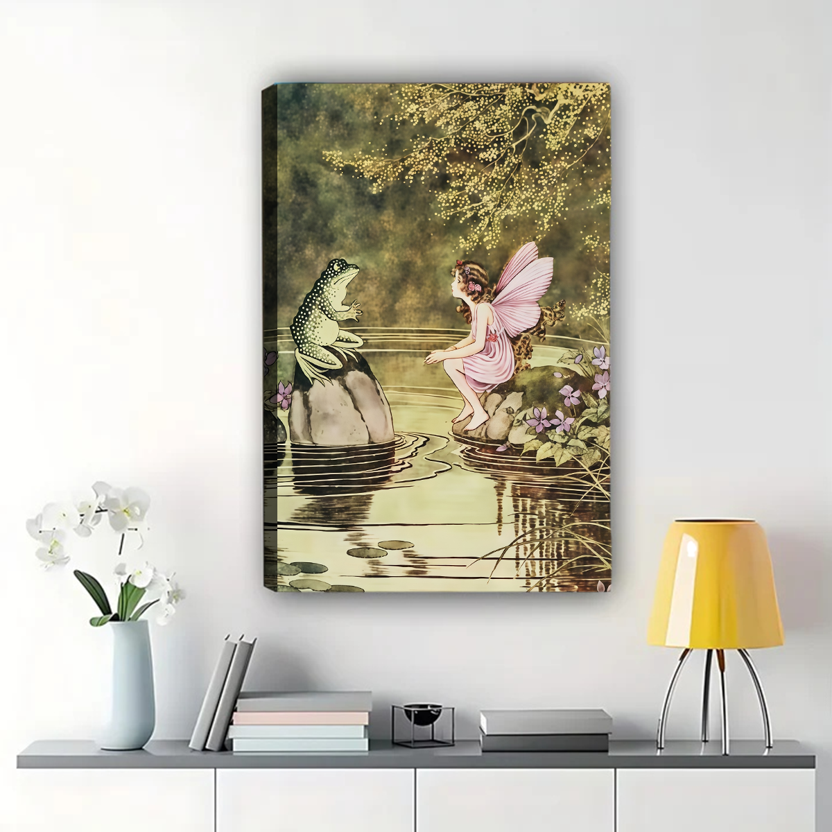Fairy and Frog Canvas Wall Art - Enchanted Pond Scene