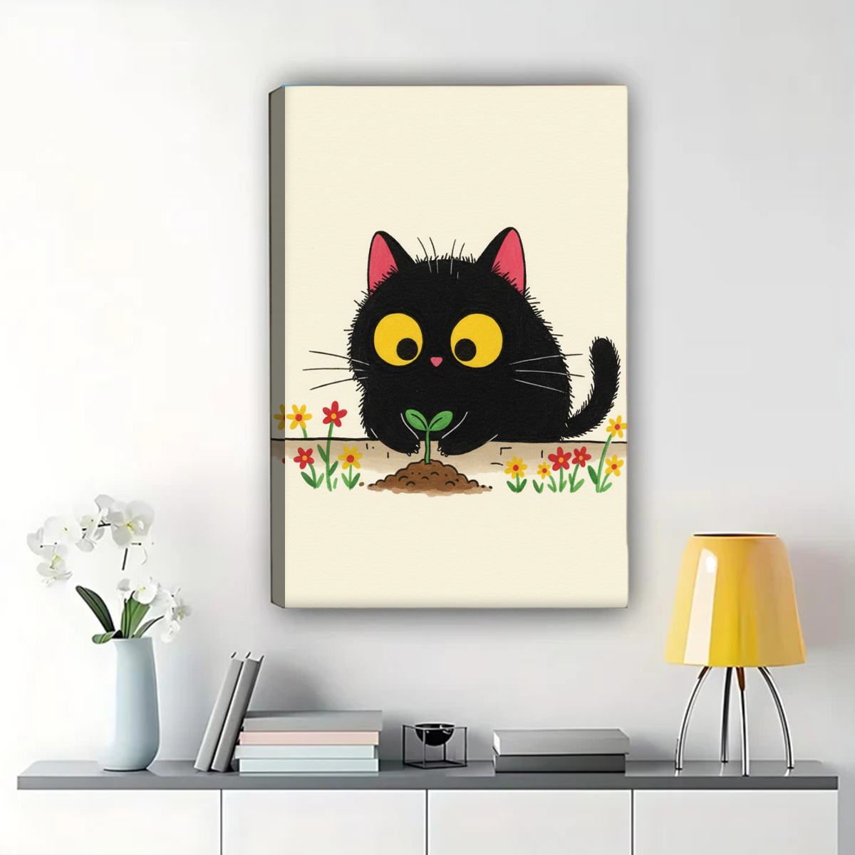 Black Cat Gardening Art Print - Whimsical Plant Lover Wall Decor Canvas Wall Art