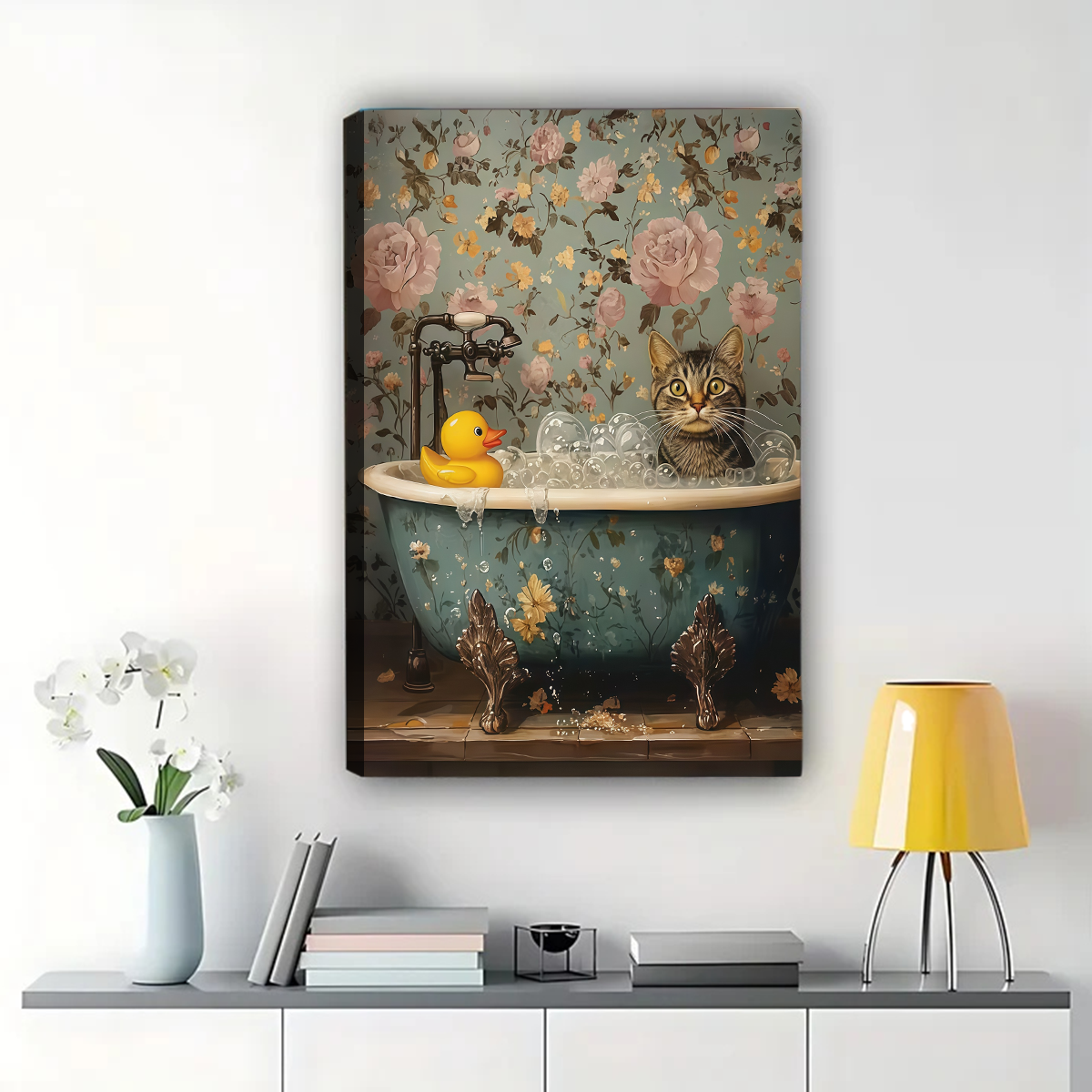 Cat in Vintage Bathtub Canvas Wall Art - Floral Bathroom Decor with Rubber Duck