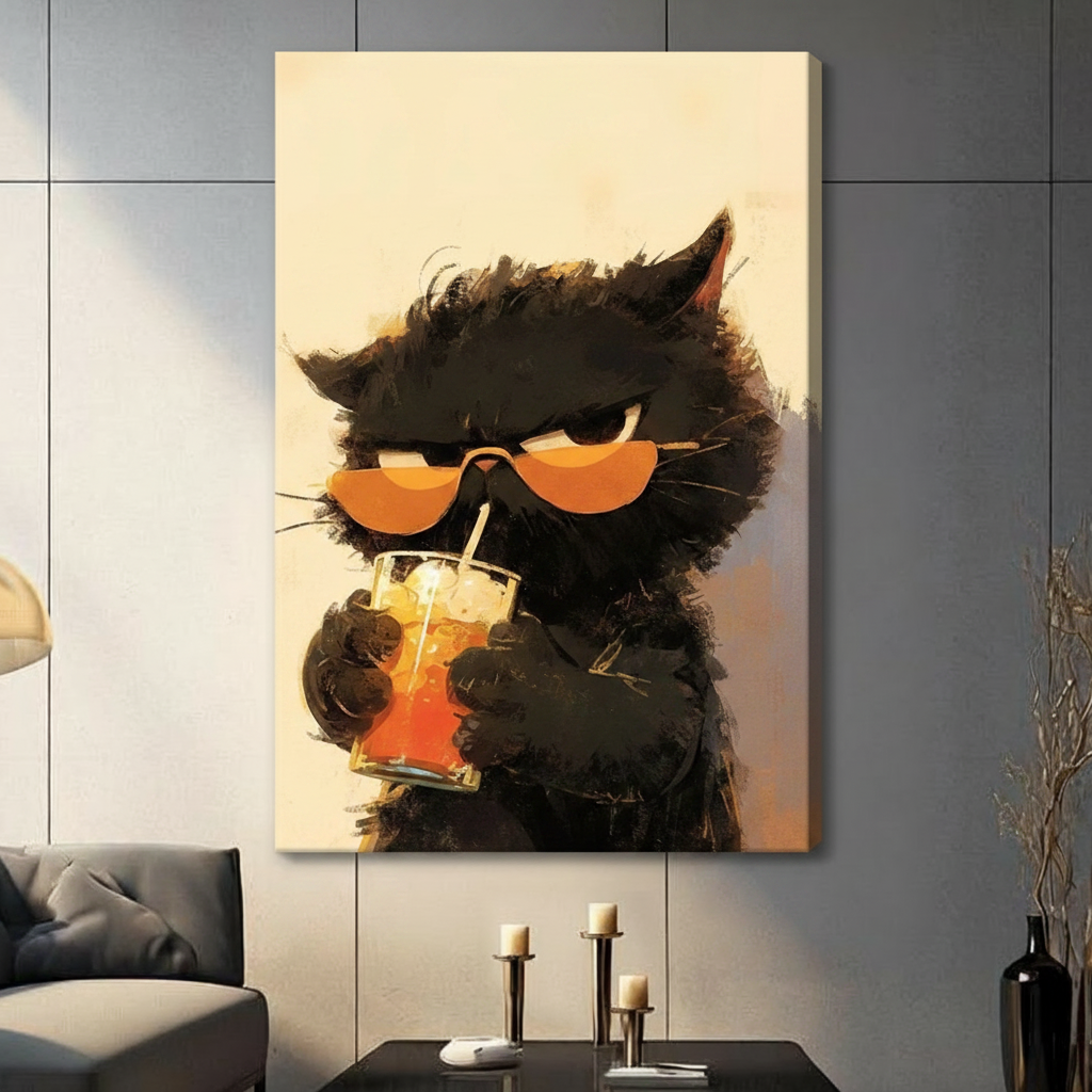 Cool Black Cat Iced Drink Impasto Canvas Wall Art