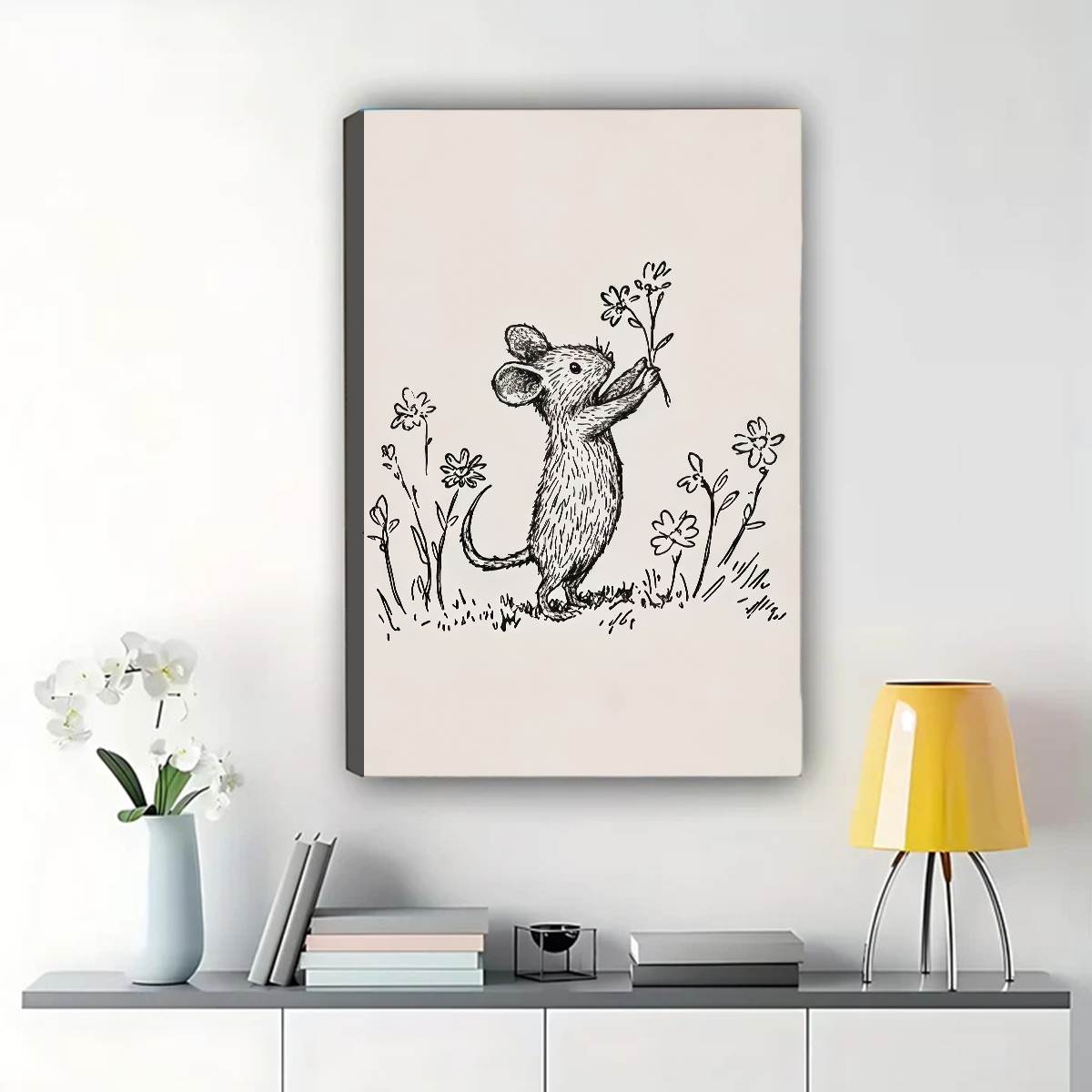 Mouse Smelling Flowers Line Art Print - Minimalist Black & White Canvas Wall Art