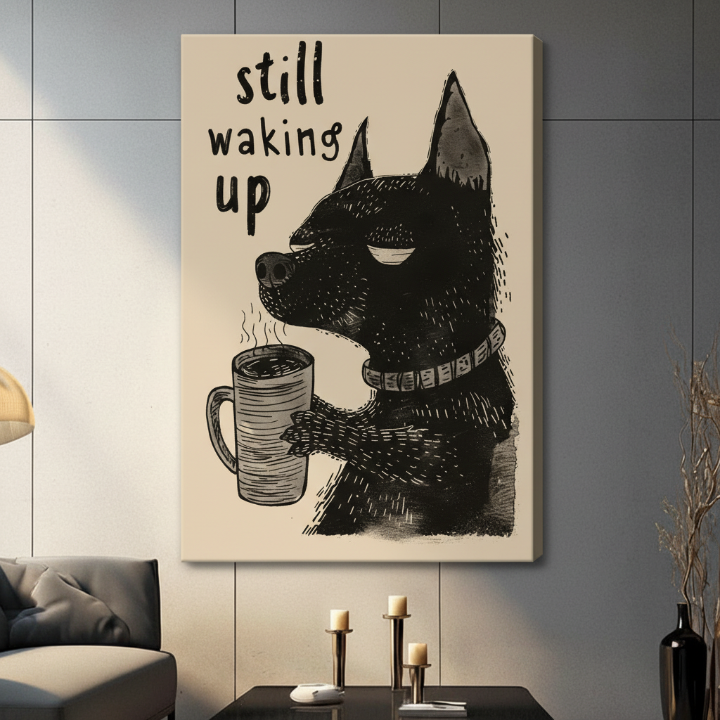 Still Waking Up Dog Coffee Canvas Wall Art