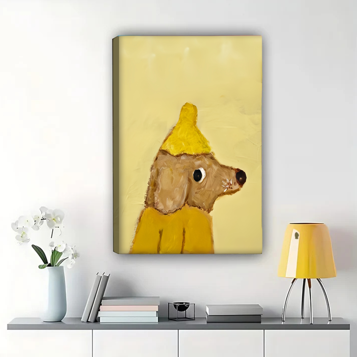 Dog in Party Hat Canvas Wall Art - Whimsical Pet Portrait