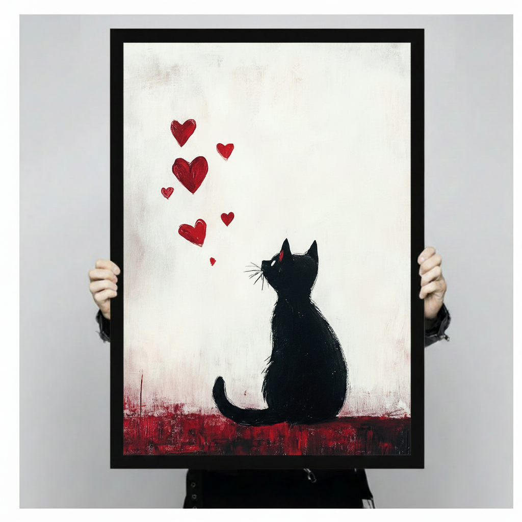 Black Cat Red Hearts Romantic Canvas Wall Art