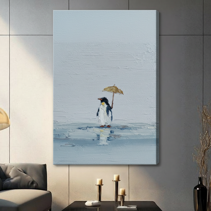 Lonely Penguin Umbrella Oil Painting Canvas Wall Art