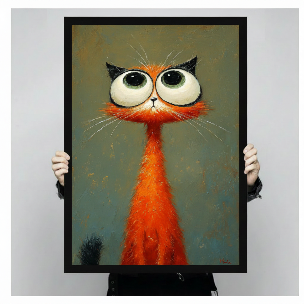 Orange Big-Eye Cat Quirky Impasto Canvas Wall Art