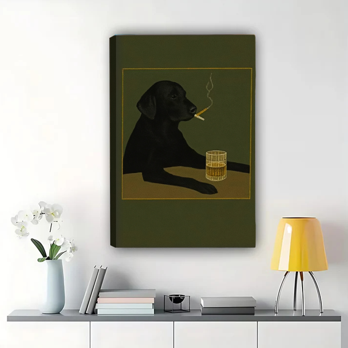 Sophisticated Black Lab Canvas Print - Whiskey & Cigar Dog Art