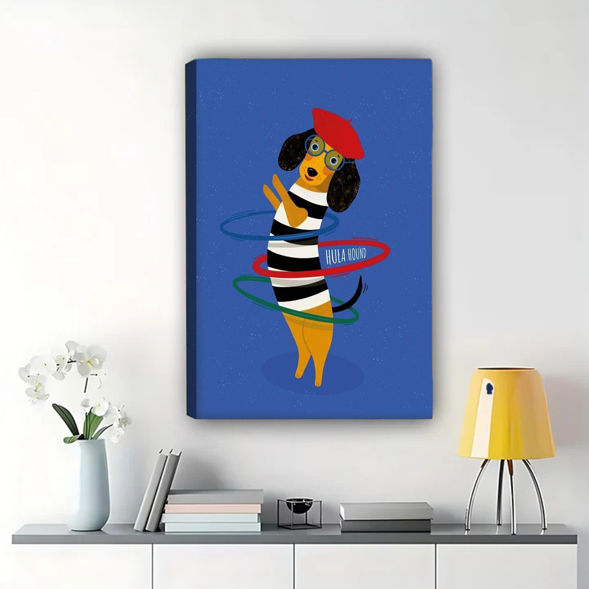 Dog Hula Hooping Wall Art - Playful French Beret Pet Print