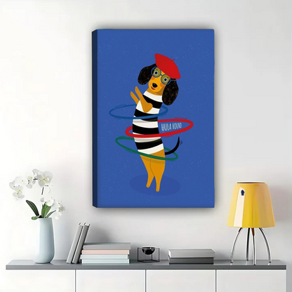 Dog Hula Hooping Wall Art - Playful French Beret Pet Print