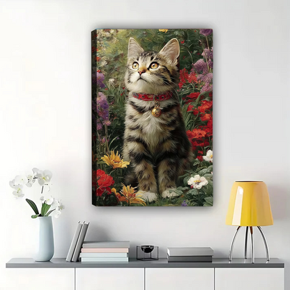 Tabby Kitten in Flower Garden Canvas Art - Red Roses & Sunflowers