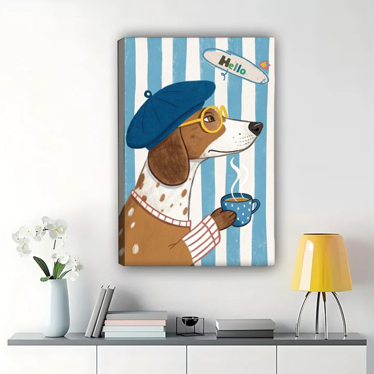 French Dog with Coffee Wall Art - Whimsical Beret Pet Print