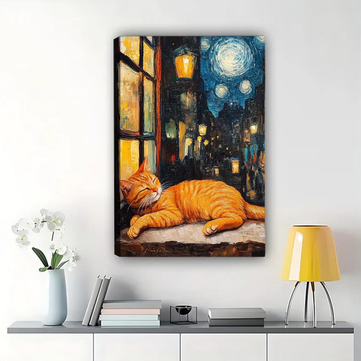 Starry Night Cat Canvas Print - Van Gogh Style Orange Tabby Art